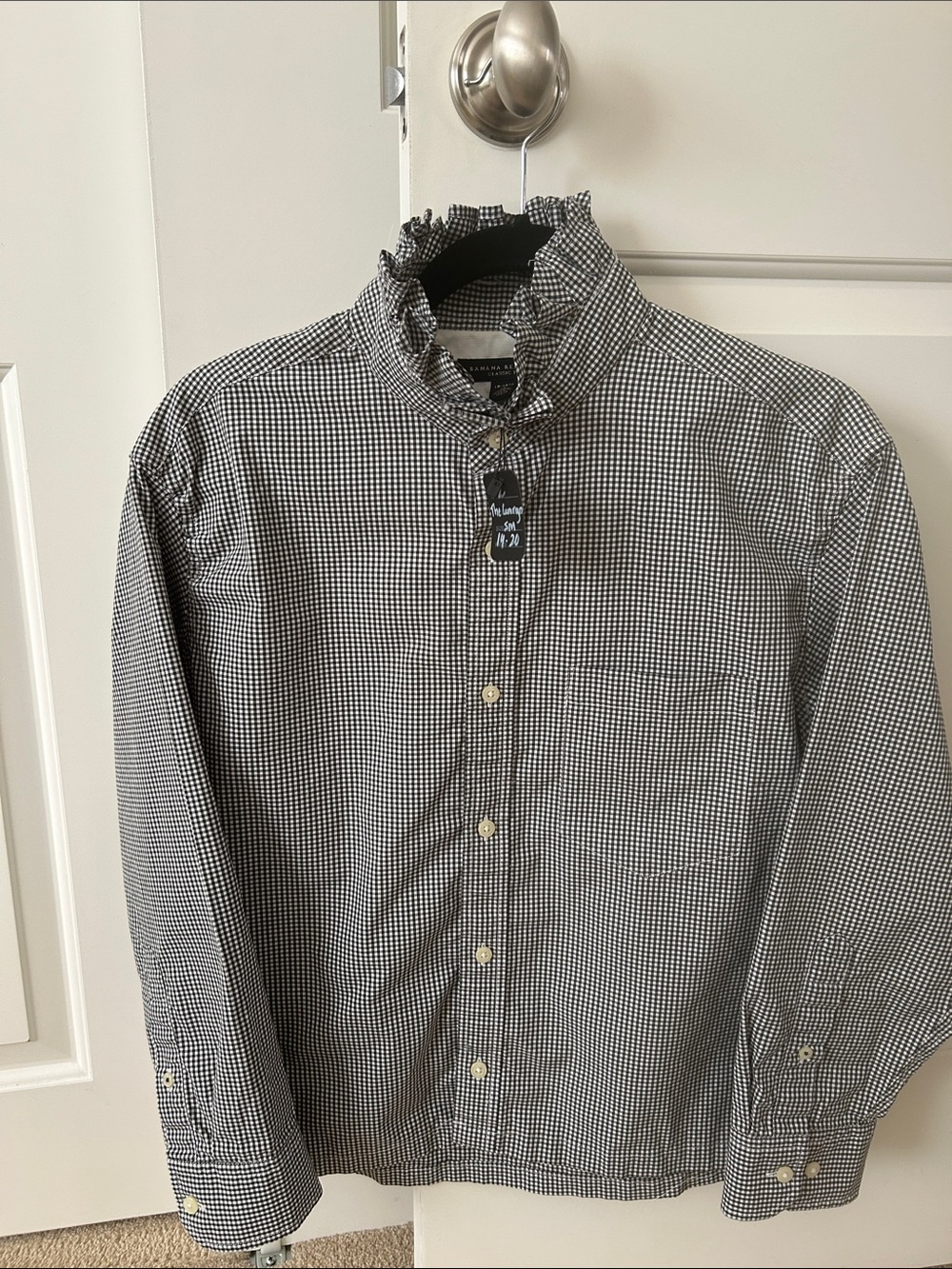 Black & White Gingham Button-Down recreated for a woman with ruffled collar